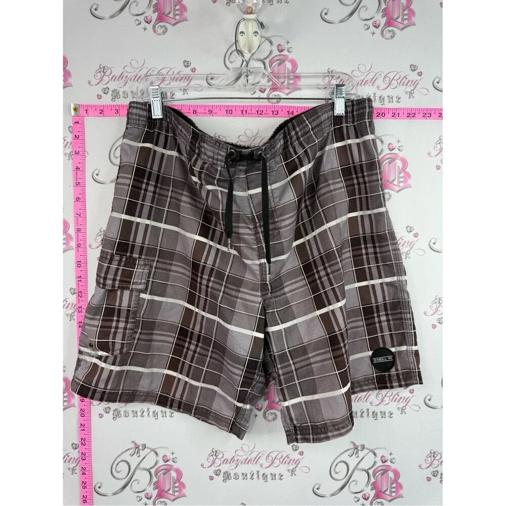 O'Neill swim shorts trunks Brown and Cream Plaid Cargo Swim Shorts